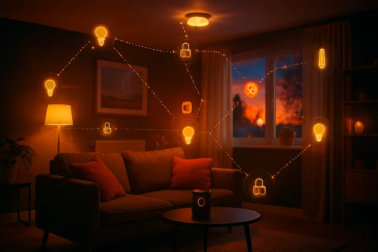 Cozy smart home living room with automated lighting and devices