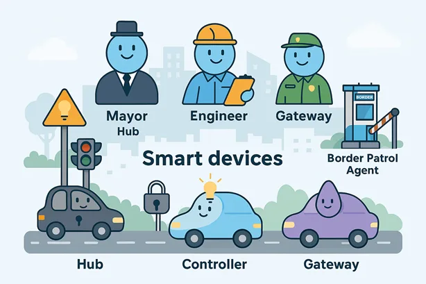 Illustration of smart home ecosystem as a city with hubs, controllers, and gateways managing traffic