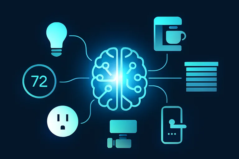 Illustration of a modern smart home with connected devices showing automation logic — routines, triggers and scenes — working together seamlessly.