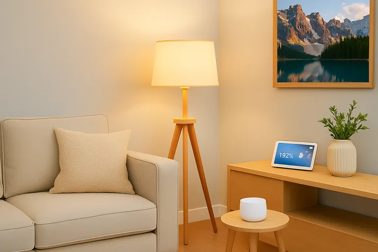 Amazon Echo Hub's touchscreen interface displaying a smart home dashboard with control icons for lighting, temperature, and security.