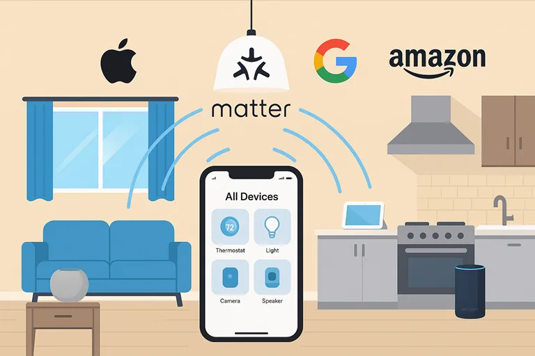 Matter-enabled smart home layout showing Apple, Google, and Amazon devices controlled from a single app