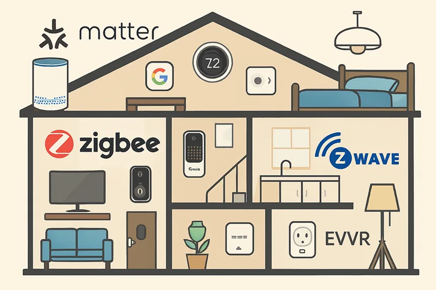 Smart home devices like lights, locks, thermostats connected with Matter, Zigbee, and Z-Wave networks