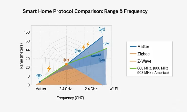 Chart comparing range and frequency bands of Matter, Zigbee, and Z-Wave smart home protocols