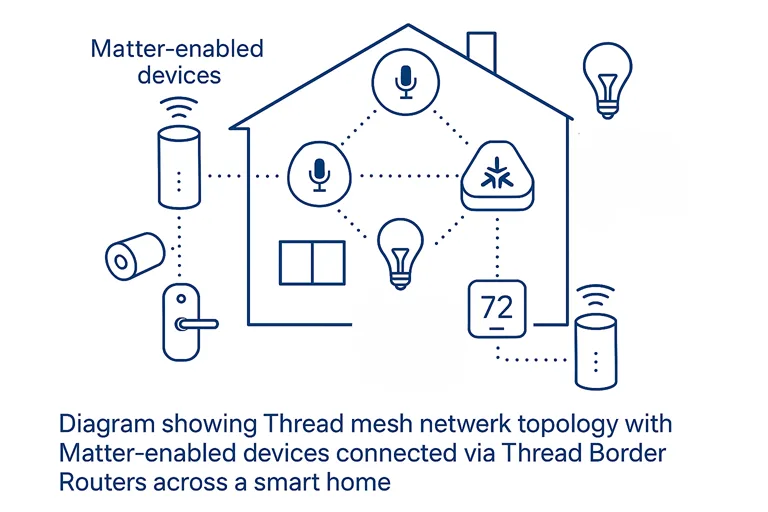 Thread mesh network topology with Matter-enabled devices connected via Thread Border Routers across a smart home