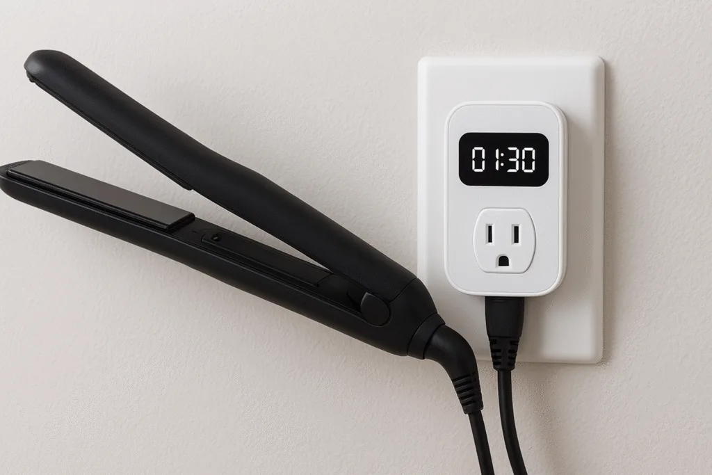 a hair straightener plugged into a smart plug with a visible countdown timer