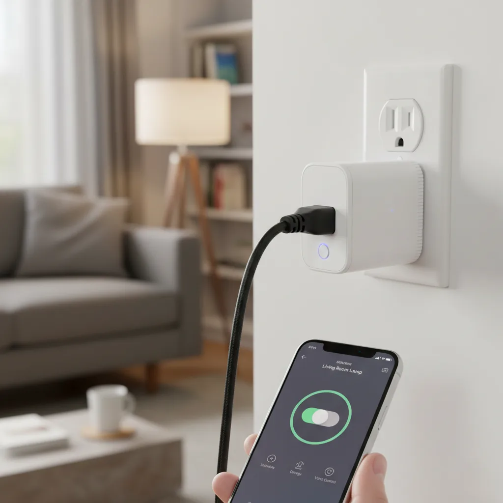 A typical smart plug adapter. You plug this into a wall outlet and then plug an appliance into it. It lets you control the appliance with your phone, voice, or schedules.