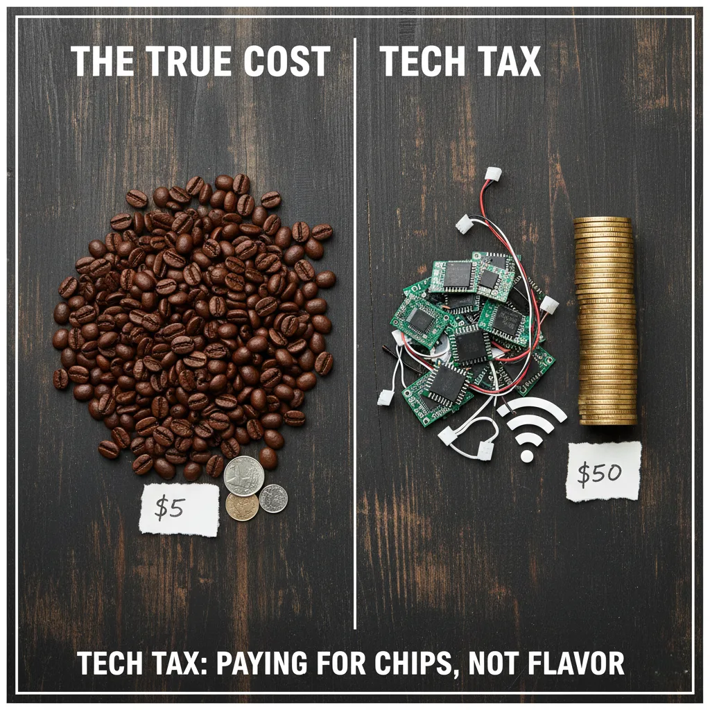 Conceptual image showing the high cost of electronic components compared to coffee brewing parts