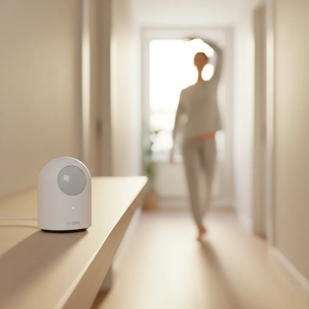 Smart home motion sensor placed on hallway shelf for automated morning coffee triggers.