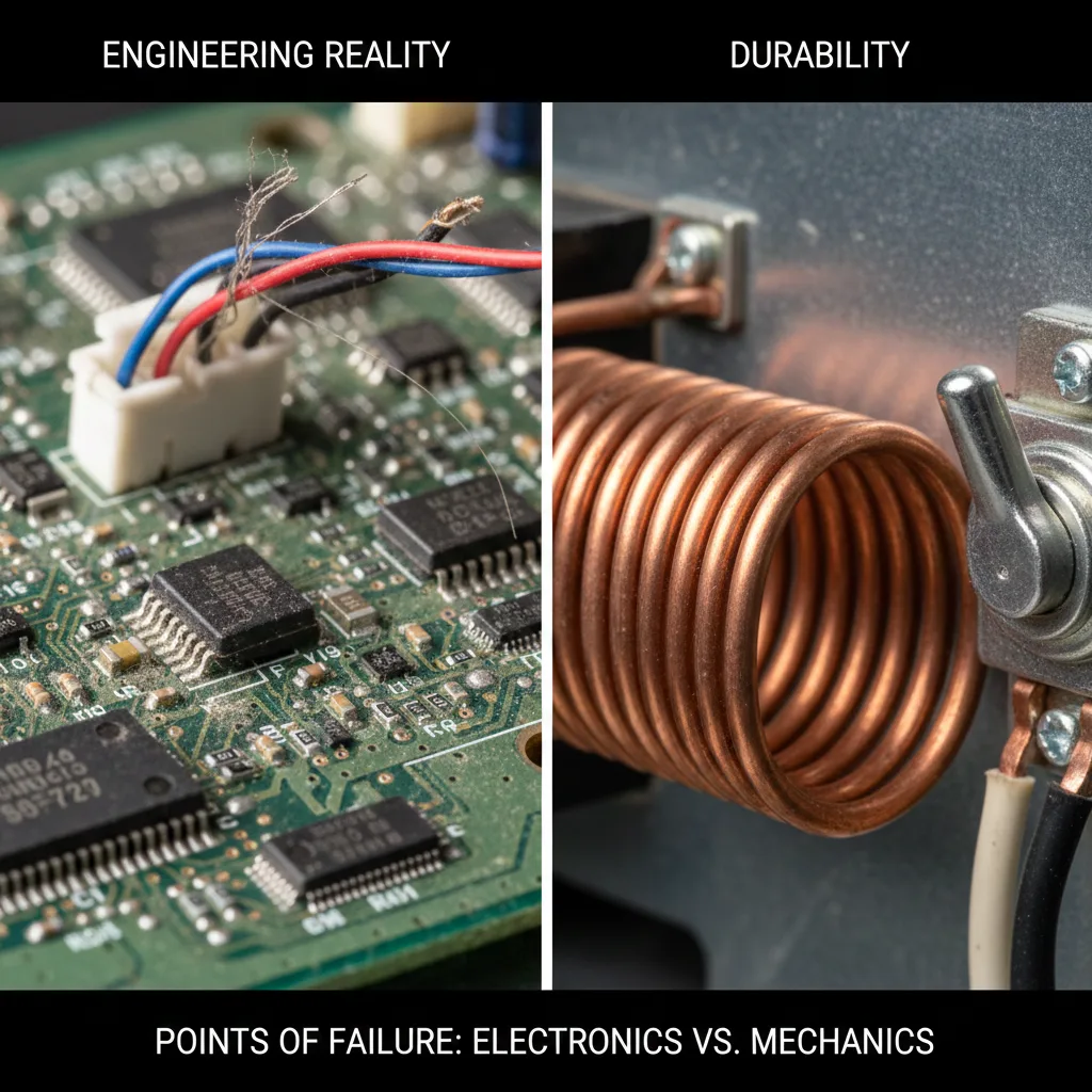 Close up comparison of a fragile electronic circuit board found in smart appliances versus a durable copper heating element in traditional brewers.