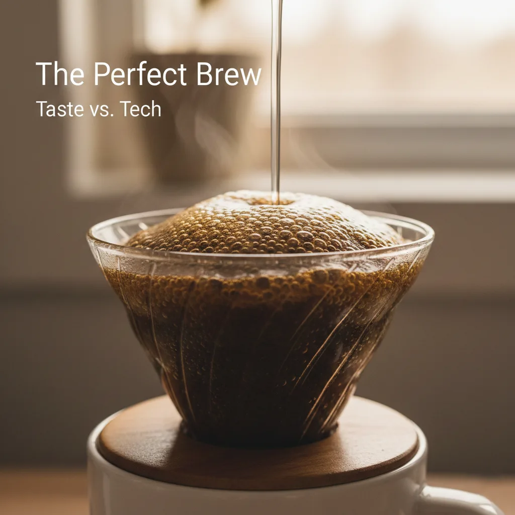 Hot water saturating fresh coffee grounds creating a rich bloom, emphasizing brewing temperature and extraction quality.