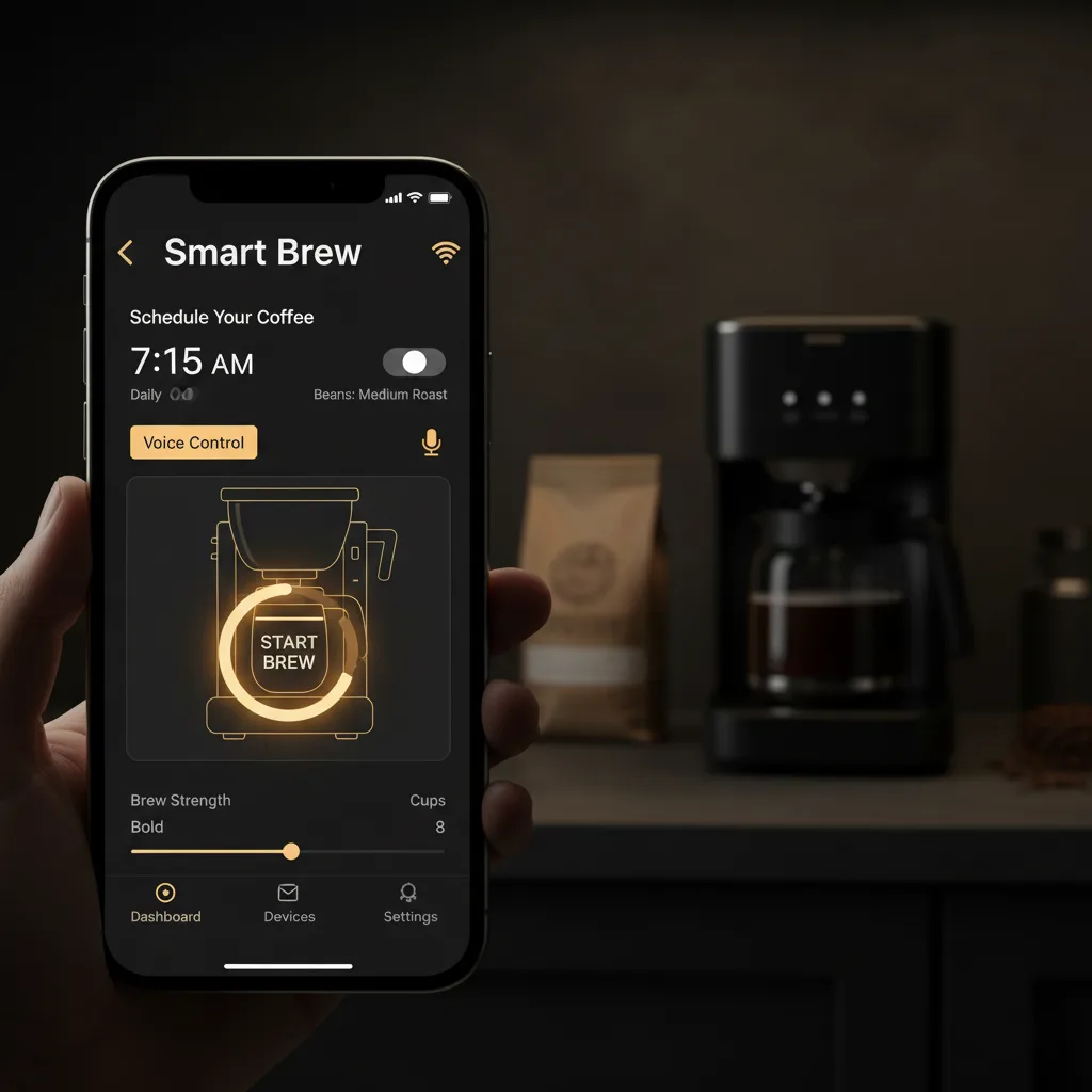 A close-up of a hand holding a smartphone displaying a "Smart Brew" coffee maker app with scheduling and voice control options