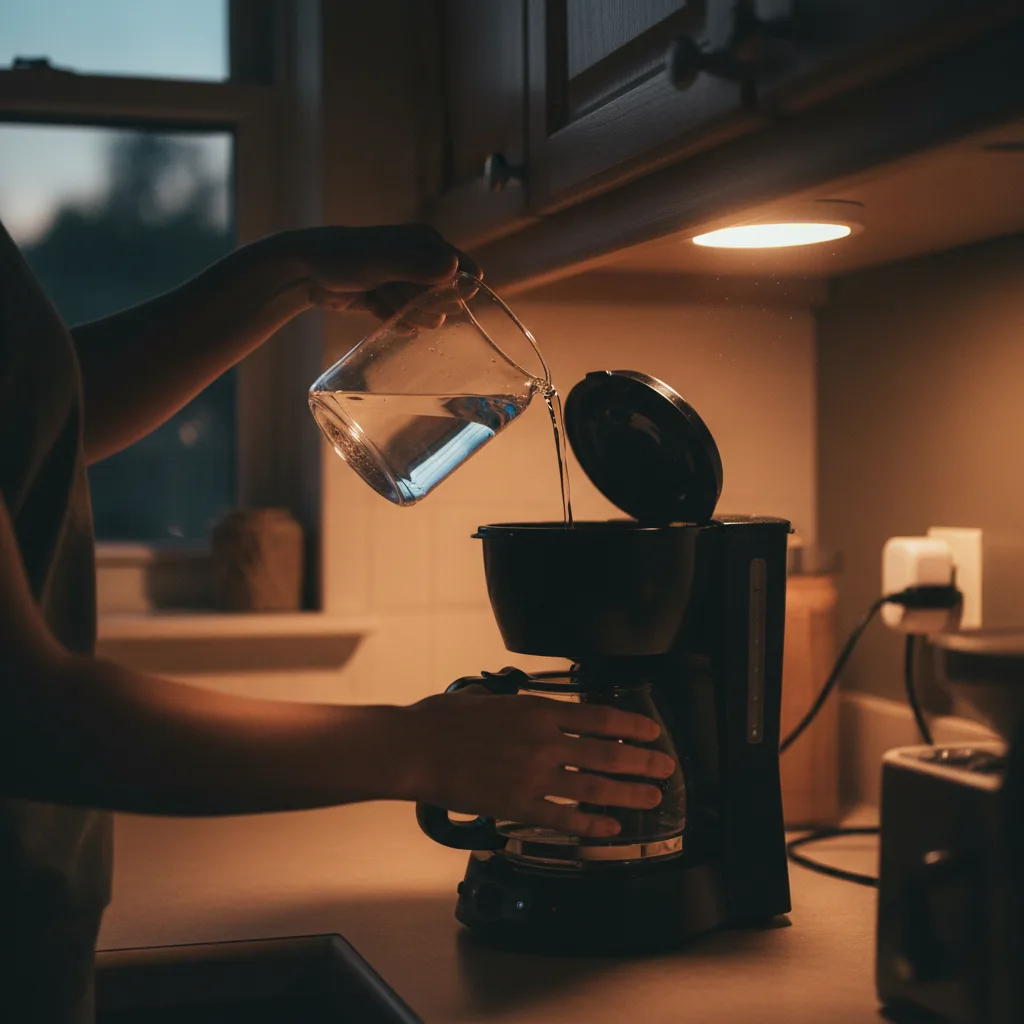 Pouring water into coffee maker reservoir at night to prepare for morning smart home automation.
