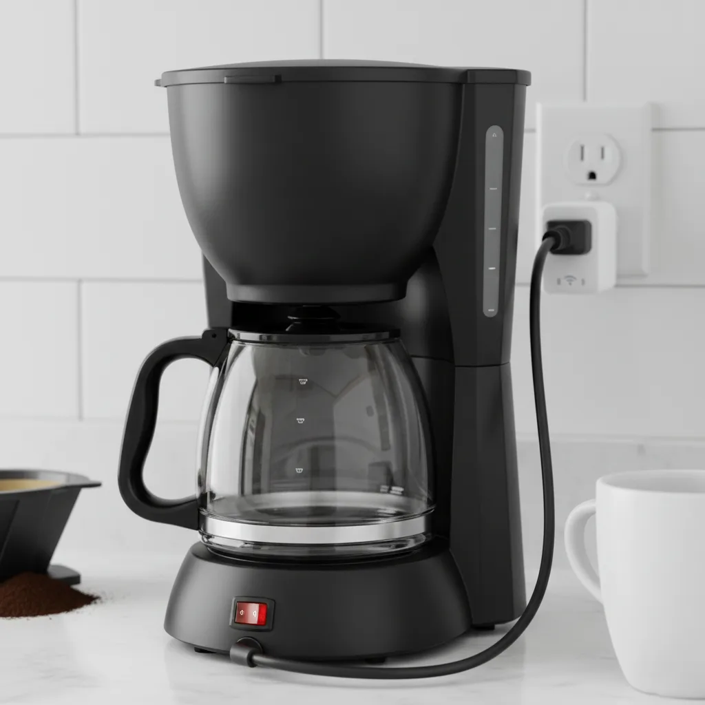 Standard coffee maker with physical switch in ON position plugged into a smart plug for voice automation.