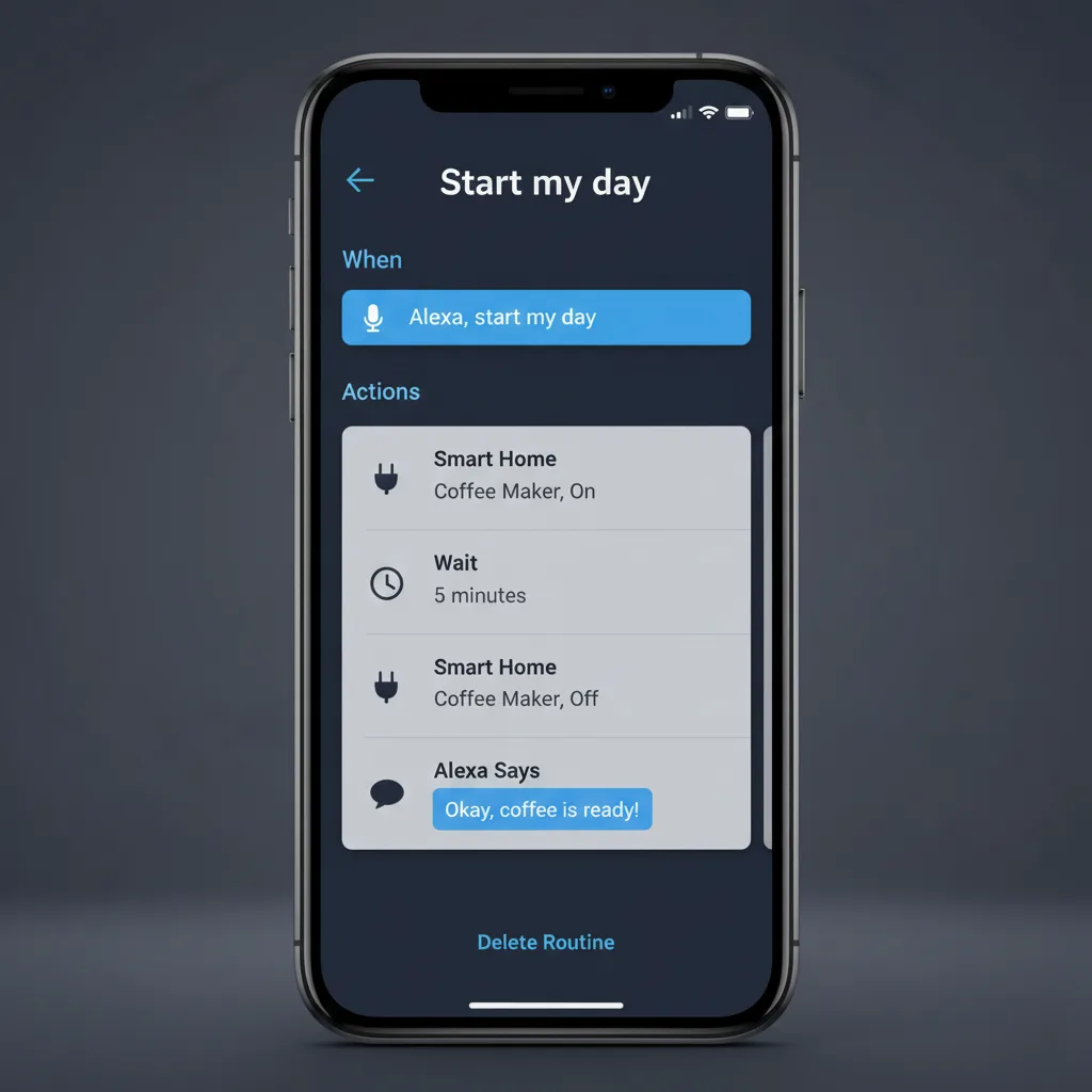 Screenshot of Amazon Alexa app routine settings showing the Wait command for coffee brewing delay.