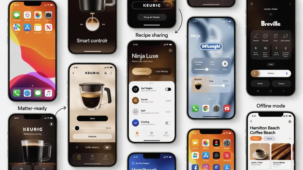 App Screenshot Montage Clean collage of real 2025 app interfaces (Keurig, Ninja Luxe, Breville, De’Longhi, Hamilton Beach) side-by-side on an iPhone and Android phone.