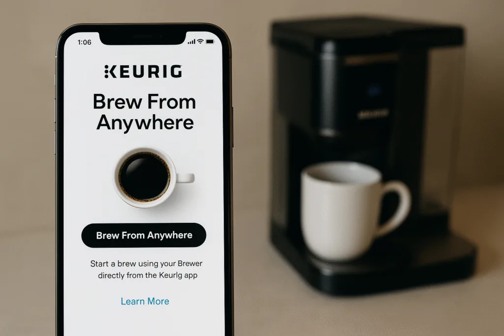 Keurig app open on a smartphone, displaying the “Brew From Anywhere” button.